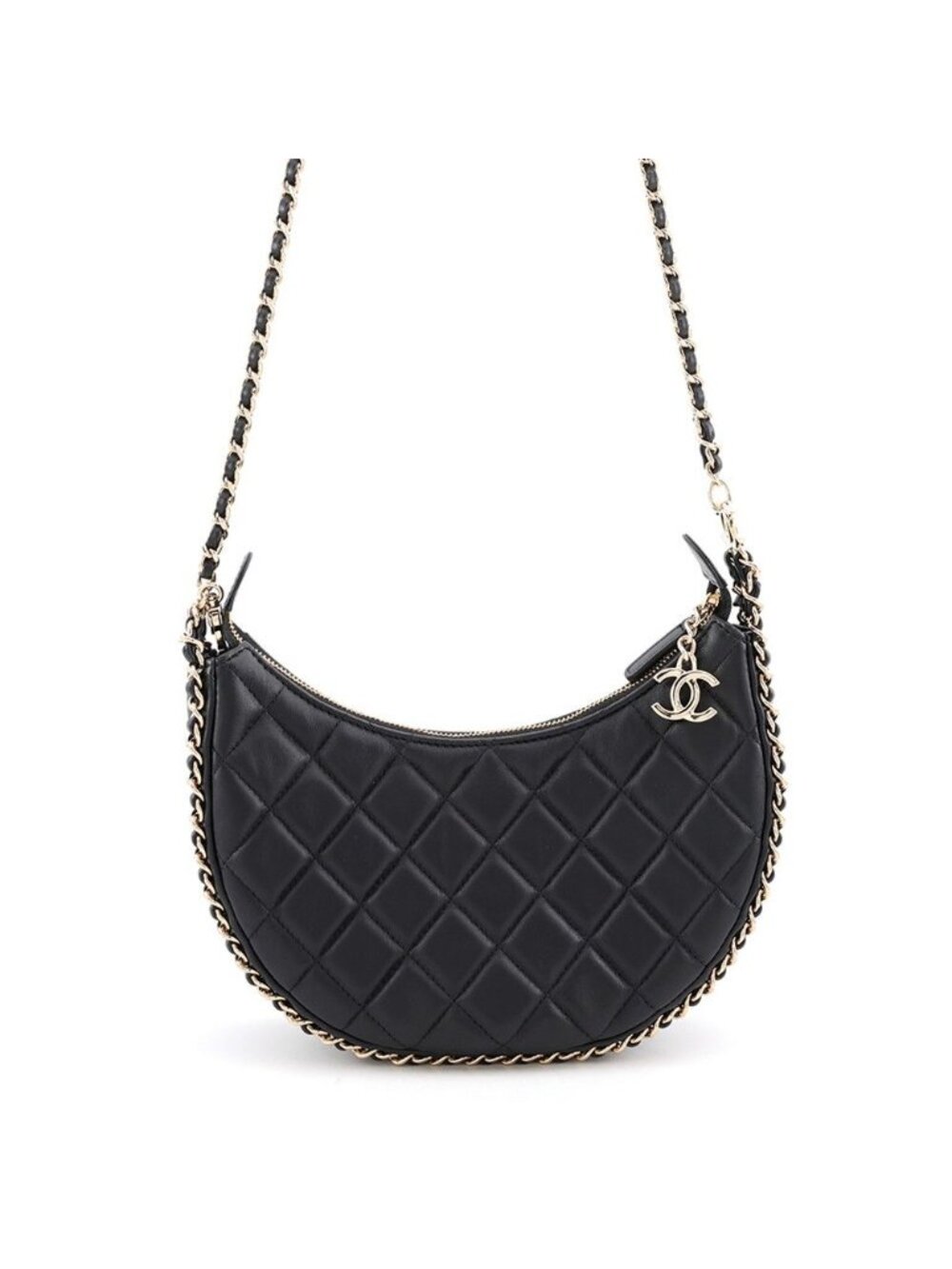 Chanel Chain Shoulder Bag Quilted Small Hobo CC Logo Lambskin Black
